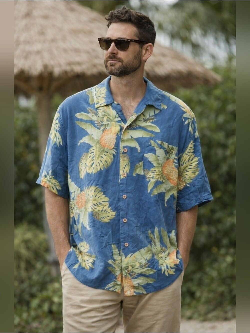 Mens VTG Jamaica Jax 100% Silk Shirt Hawaiian Blue Floral Button-Up Shirt. L